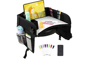 EcoZen Lifestyle Whiteboard Dry Erase Activity Table & Travel Tray for Kids - 16.5"x13"x4.5" Car iPad Holder - Portable Folding Lap Desk with Paper Storage Pockets - 8 Markers & Eraser - Car Seat Tray