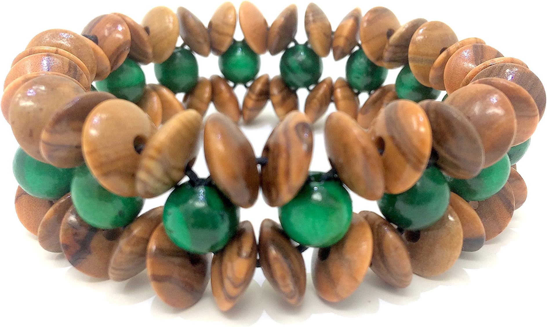 Bracelet Wide Genuine Olive Wood Lentils 10mm with Green Olive Wood Beads 8mm Handmade Spain Natural Product Stretch