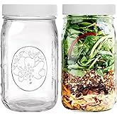 Wide Mouth Mason Jars 32 oz – 2 Pack Quart Size Jars with Airtight Lids and Bands & White Plastic Lid, Ideal for Meal Prep, C