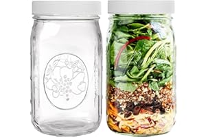 Wide Mouth Mason Jars 32 oz – 2 Pack Quart Size Jars with Airtight Lids and Bands & White Plastic Lid, Ideal for Meal Prep, C