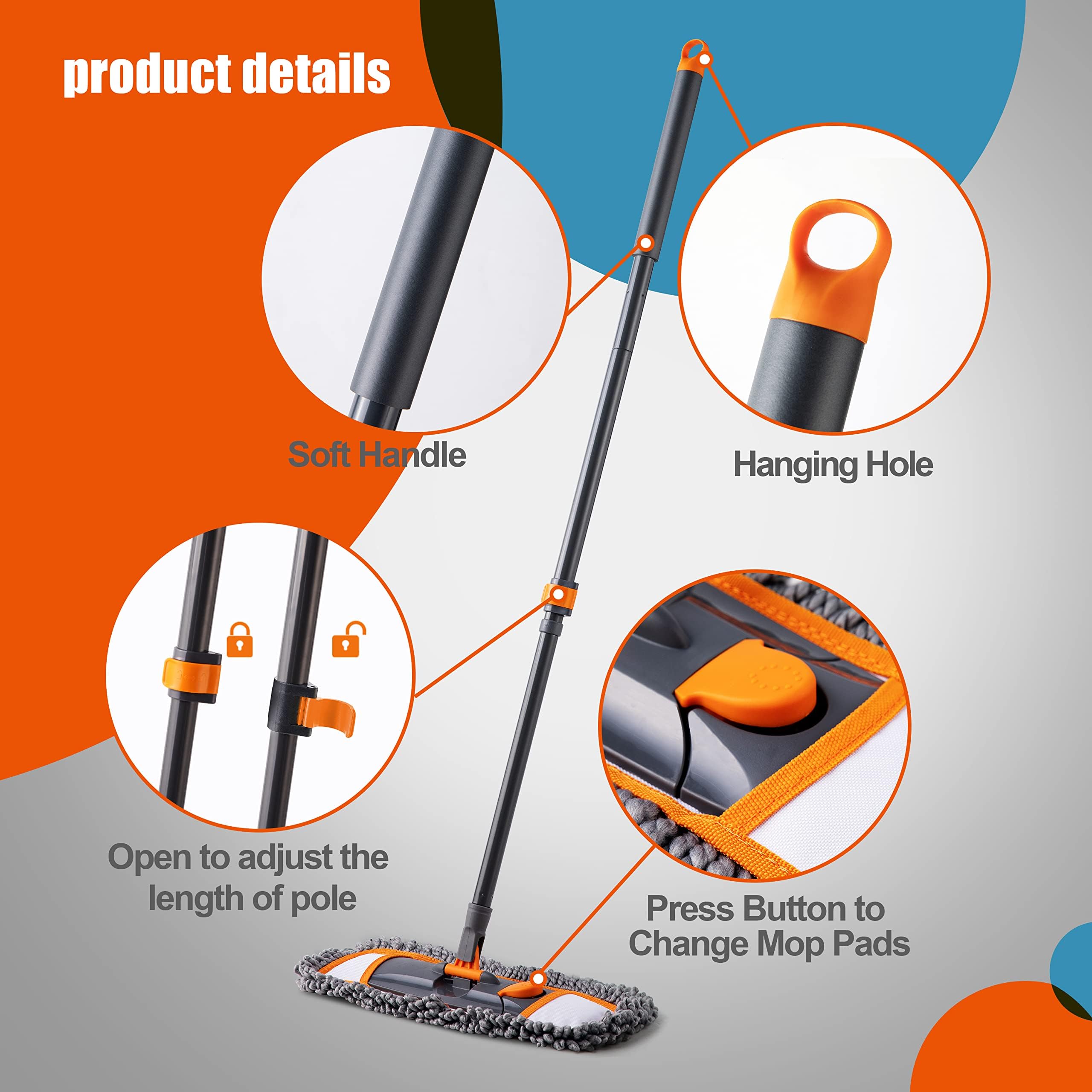 Mops for Floor Cleaning with 3 Different Washable Pads and Extendable 55” Long Handle, Multifunction Dust Mop for Hardwood,Marble,Tile Floor Mopping,Orange