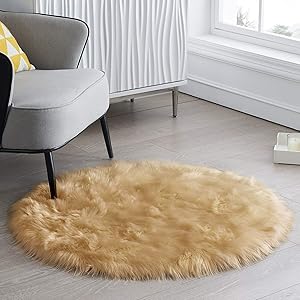 CIICOOL Soft Faux Sheepskin Fur Area Rugs Fluffy Rugs for Bedroom Silky Fuzzy Carpet, Furry Rug for Living Room Girls Rooms, Khaki Round 3 x 3 Feet