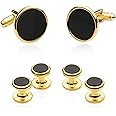Cuff-Daddy Mens Black Onyx Gold Tuxedo Cufflinks and Studs with Travel Presentation Gift Box - Black Gold Formal Set Tux Buttons for Wedding Party