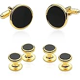 Cuff-Daddy Mens Black Onyx Gold Tuxedo Cufflinks and Studs with Travel Presentation Gift Box - Black Gold Formal Set Tux Buttons for Wedding Party