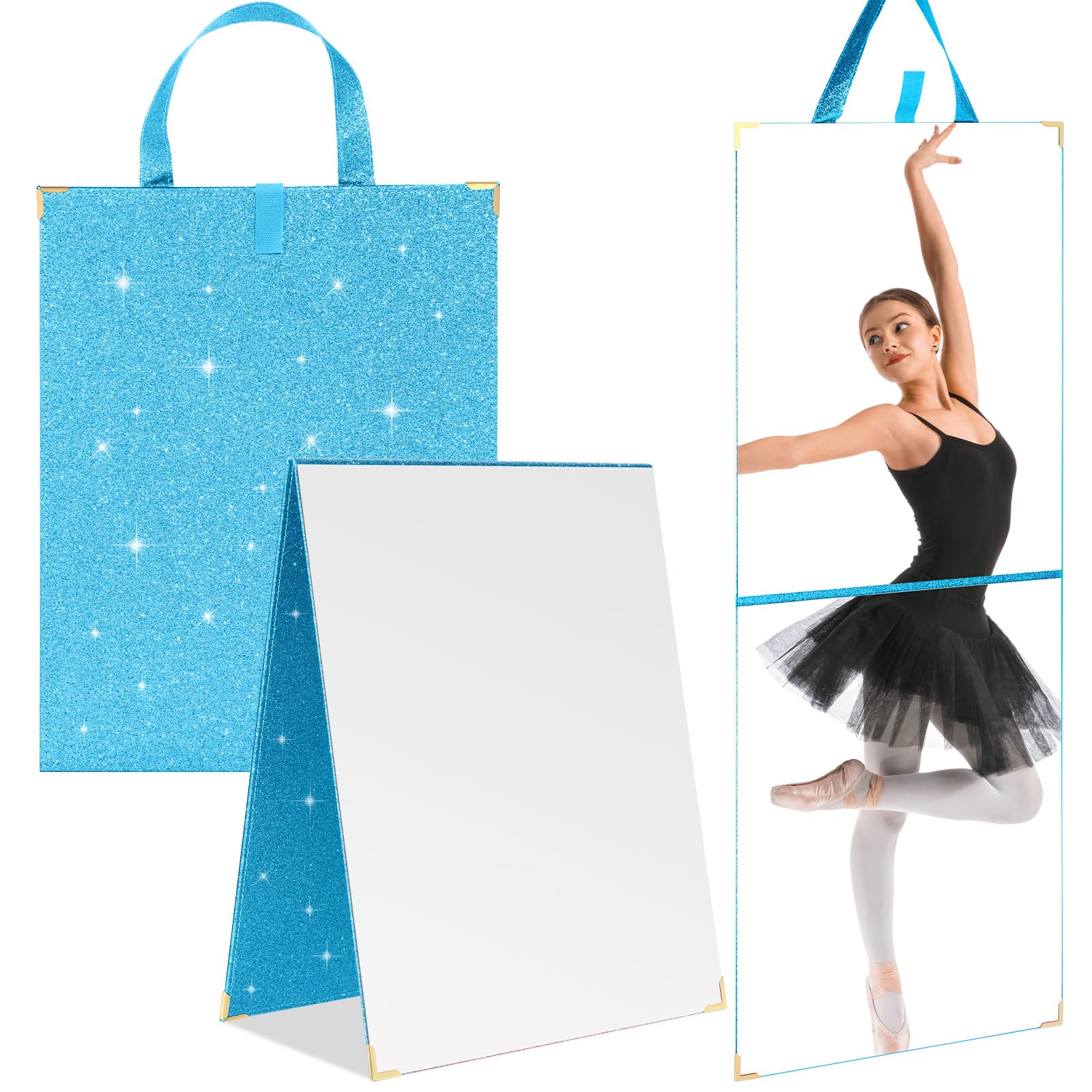 Photo 1 of Frameless Backstage Mirror with Handle 33.5 x 13.5 Inch Glitter Foldable Hanging Mirror Rectangular for Travel Dance Bag Home Fitness Spa Gift for Dancers(Blue)