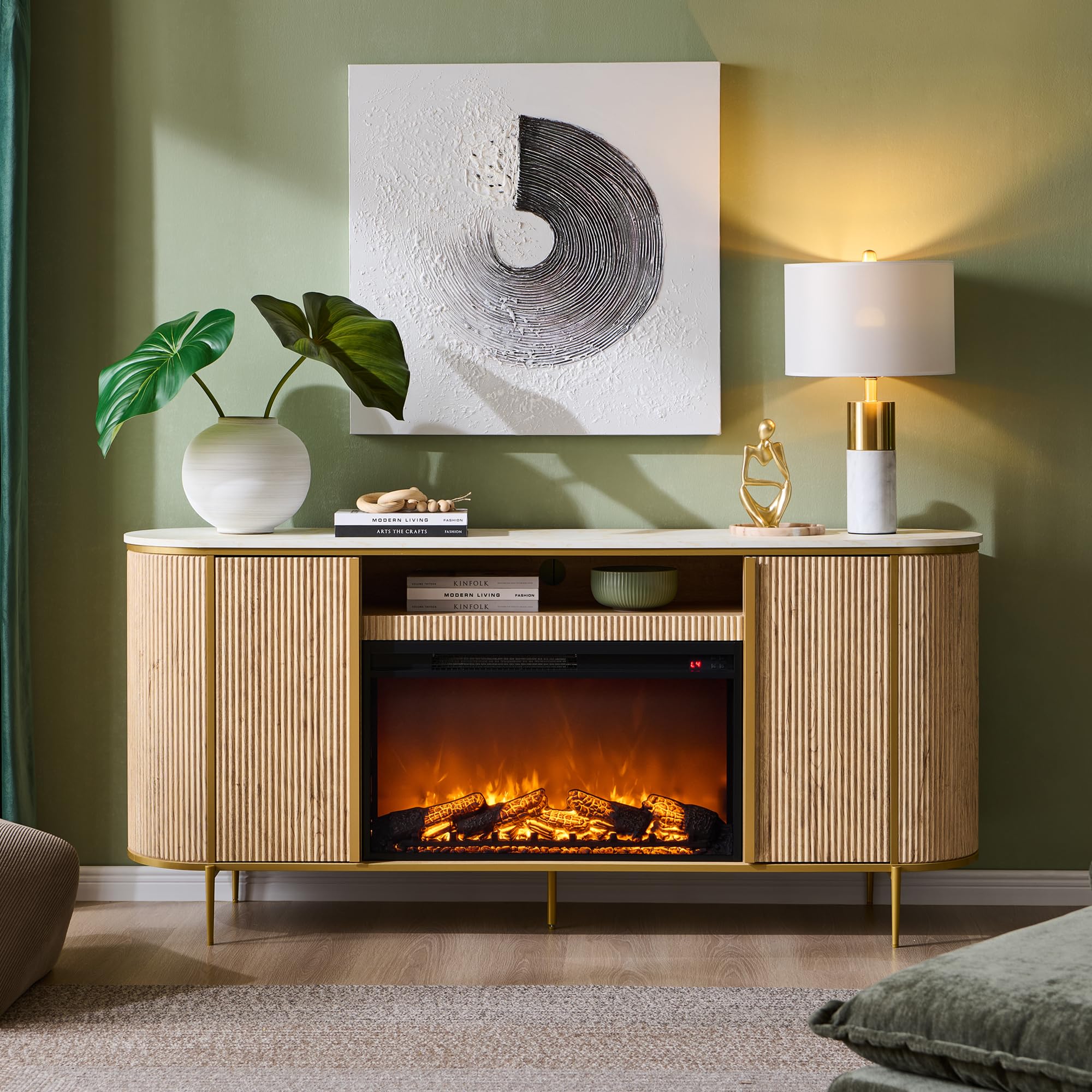 Photo 1 of ***********PARTIAL ITEM, THIS IS ONLY BOX #2 OUT OF 2 TOTAL, FINAL SALE**************
OKD Luxury 70" Fluted Fireplace TV Stand, Modern Chic Entertainment Center for TVs Up to 80 inches, TV Console with Faux Marble Top, Curved Profile Design, Media Console