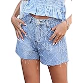 Justalwart Women's Mid Rise Denim Checkered Jacquard Jean Shorts
