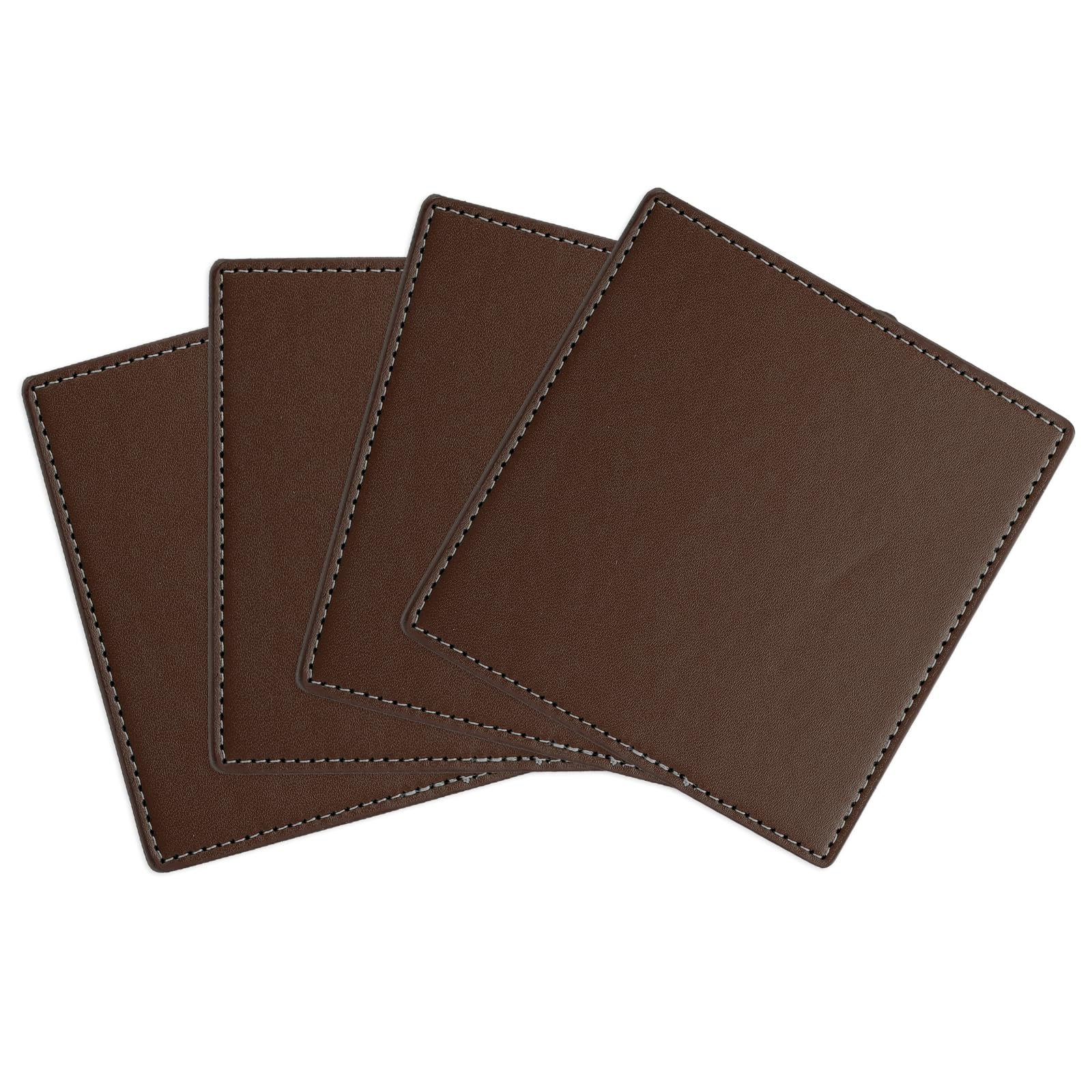 uxcell Square Drink Coasters Set of 4 White Stitched Dual Sided Non-Slip Non-Stick Waterproof Leather Coasters for Drinks, Coffee Table, Housewarming Gifts, Home Decor 4"×4"Brown