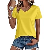 SMENG Women's Cotton V Neck T-Shirt Short Sleeve Solid Color Tee Casual Fit Tee Breathable Summer Fashion Tops