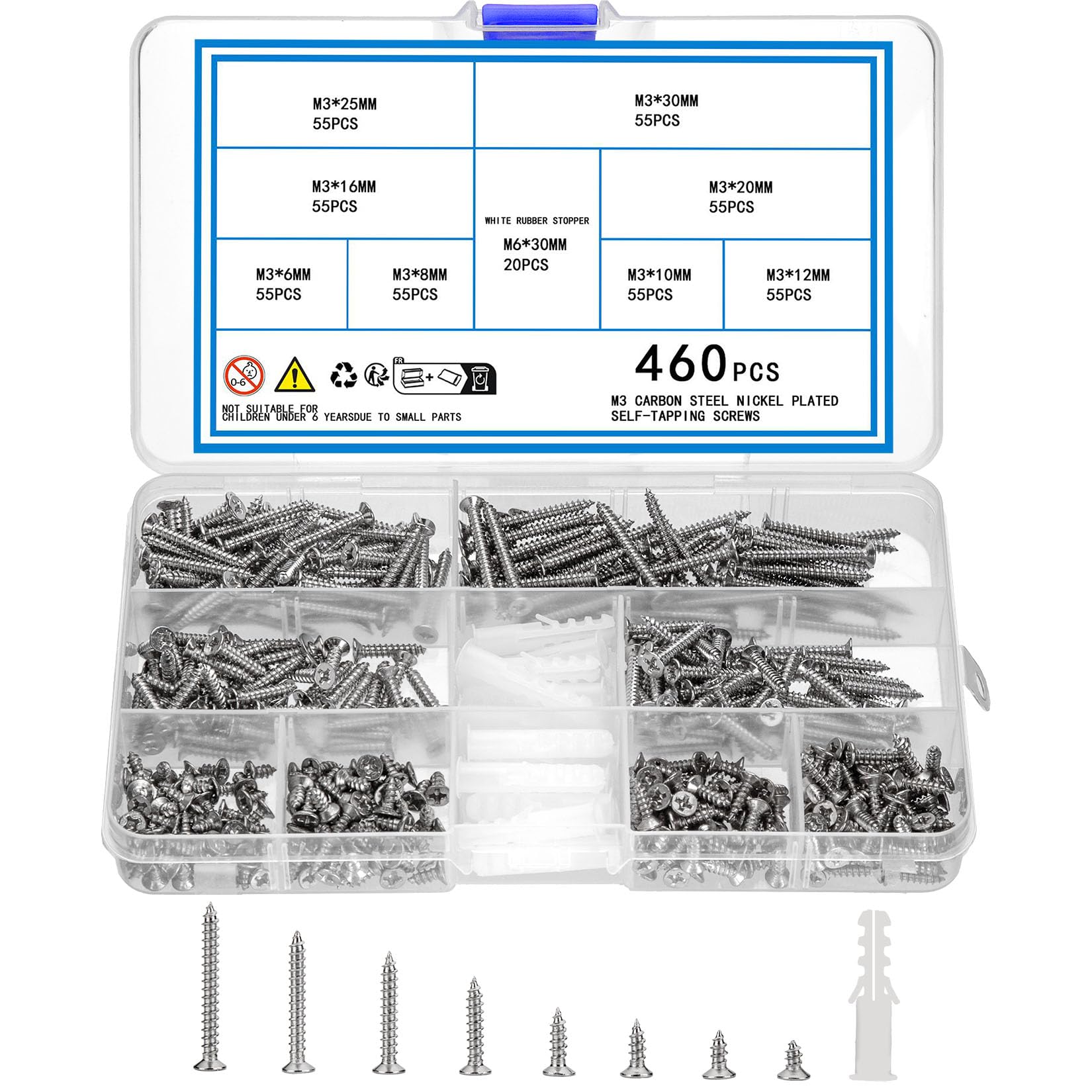 KOXXIAMOQ 460 Pcs M3 Screw Sets, Wood Screws Assortment Kit, Flat Head Self-Tapping Screws, Countersunk Assorted Cross Concrete Screw for Furniture Repairs