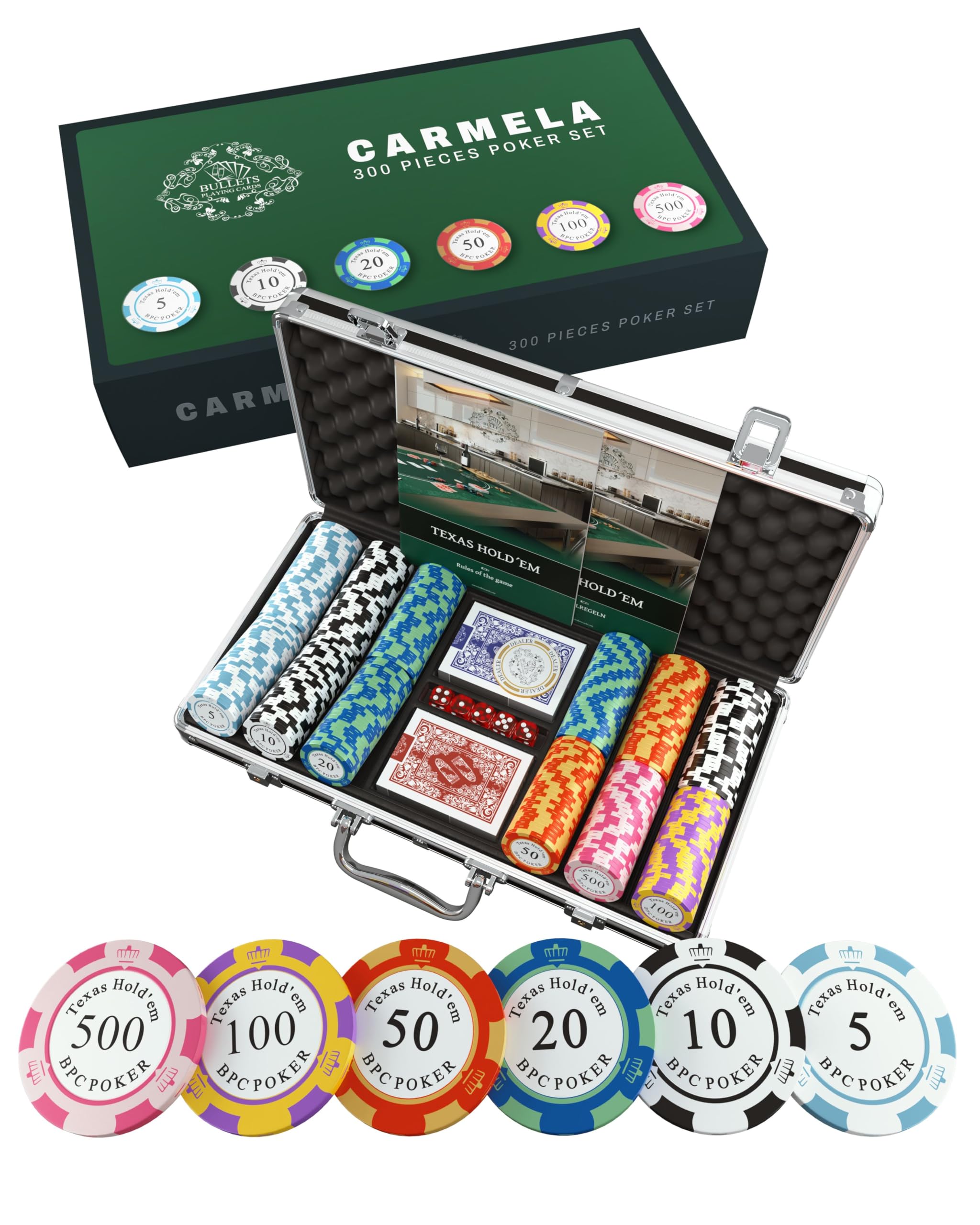Bullets Playing Cards, 'Carmela' Poker Set with 300 Clay Poker Chips, including Ceramic Dealer Button, Double Pack of Bullets Poker Cards