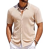 COOFANDY Men's Knit Short Sleeve Button Down Shirt Vintage Polo Shirt Casual Summer Beach Shirts