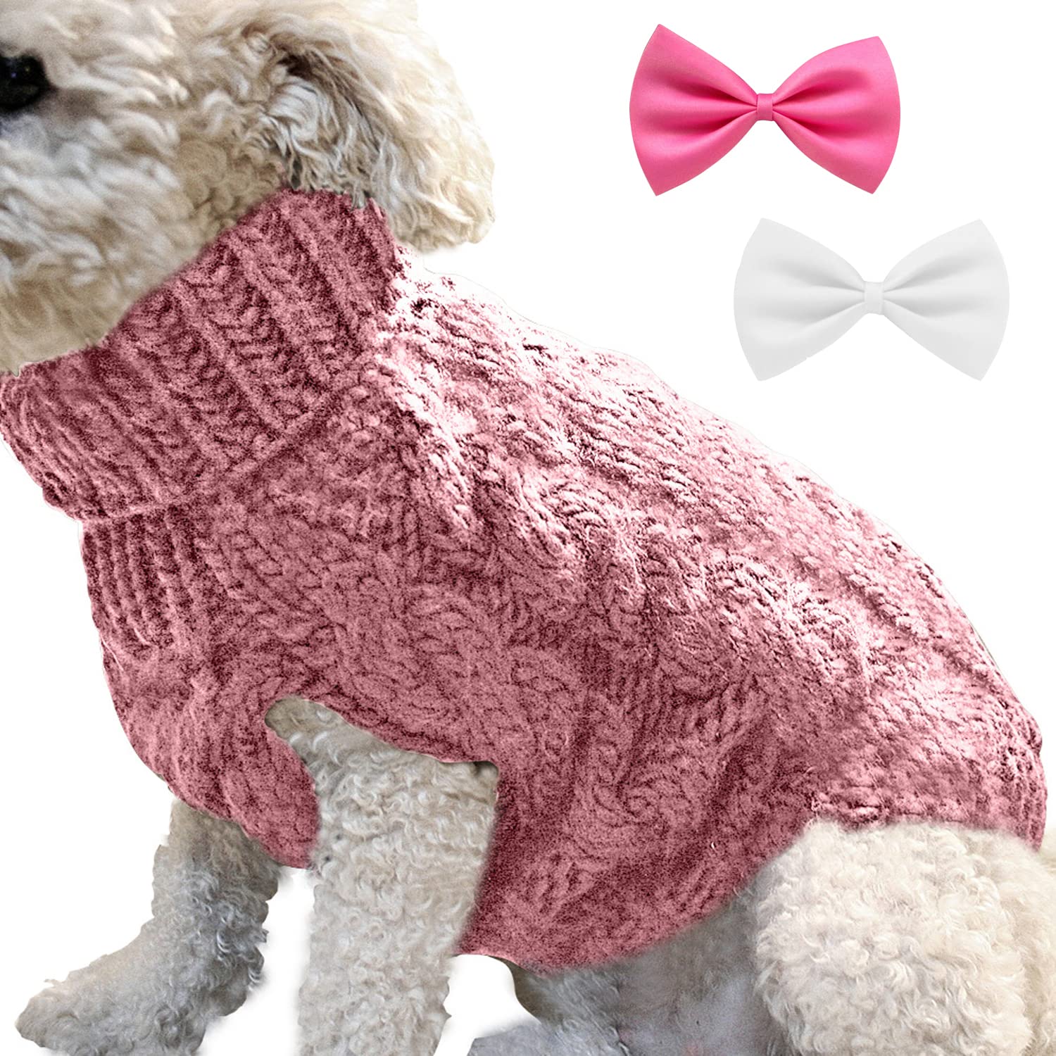 1 Piece Turtleneck Knitted Sweater Jacket and 2 Pieces Bow Tie, Warm Dog Pullover, Winter Dog Sweater, Pet Supplies (L, Pink)