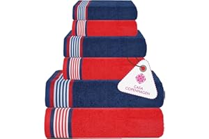 CASA COPENHAGEN Designed in Denmark 550 GSM 2 Large Bath Towels 2 Large Hand Towels 2 Washcloths, Super Soft Egyptian Cotton 6 Towels Set for Bathroom, Kitchen & Shower - American Blue & Red