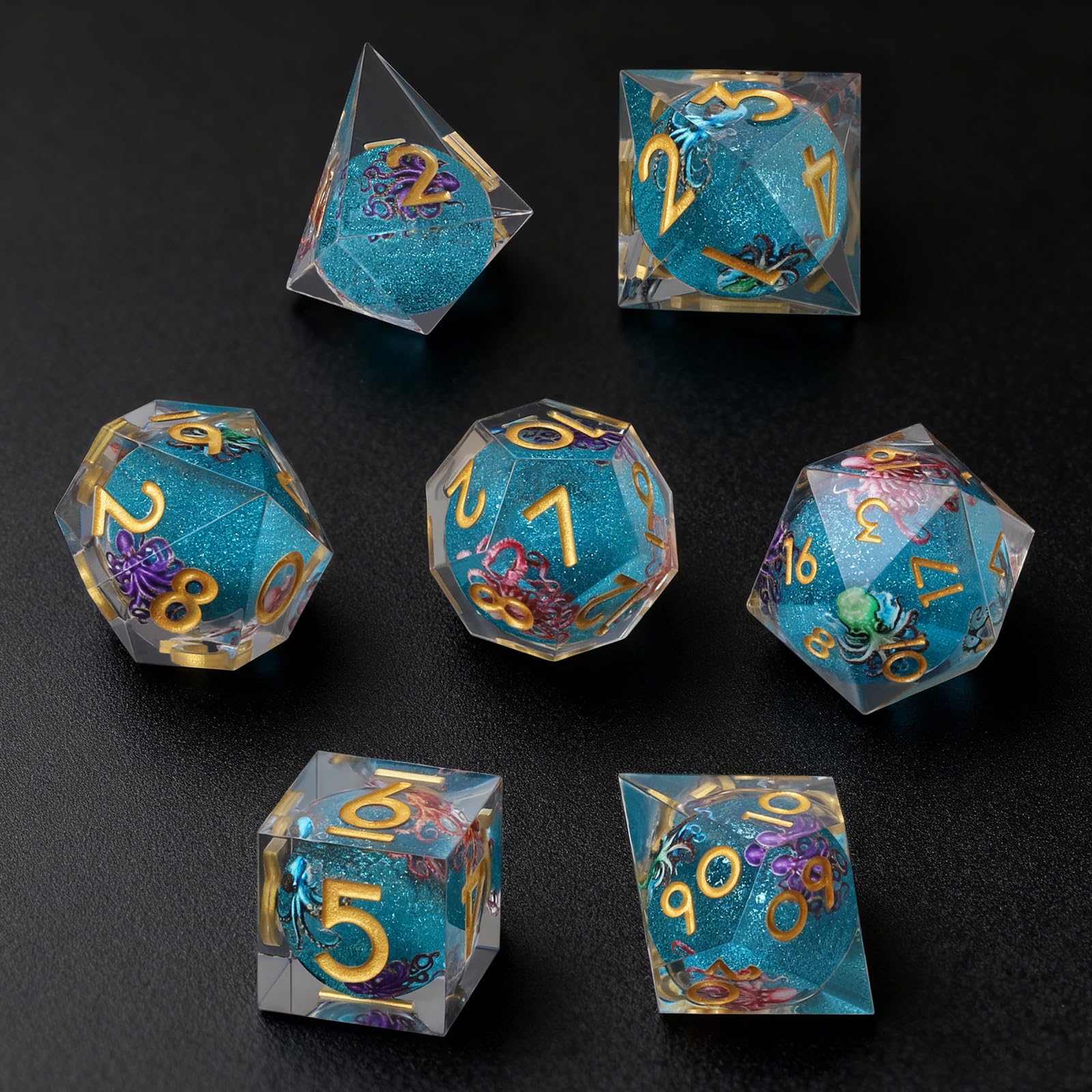 ORUZA 7 PCS Polyhedral Liquid Core DND Dice, Resin Sharp Edge Quicksand D&D Dice Set for Dungeons and Dragons RPG MTG Role Playing Game Dice D20 D12 D10 D8 D6 D4 D% — image 1