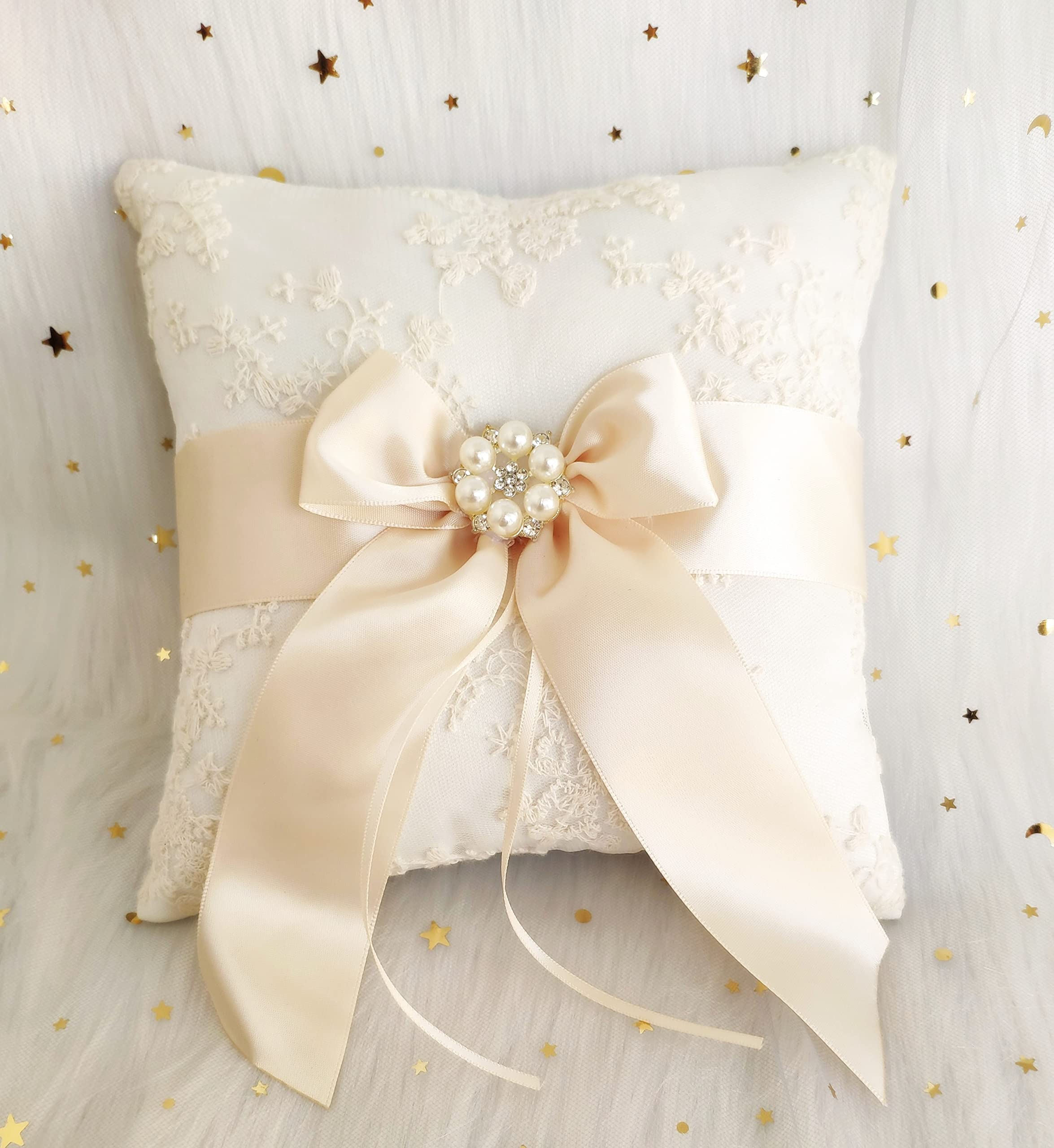 Photo 1 of Uwedding Lace Pearl Wedding Ring Pillow Cushion Bearer 8.26 Inch with Beige Ribbon Bow Rhinestone Brooch Décor for Wedding Ceremony Vow Renewal Baby Shower Party Favor-Pillow