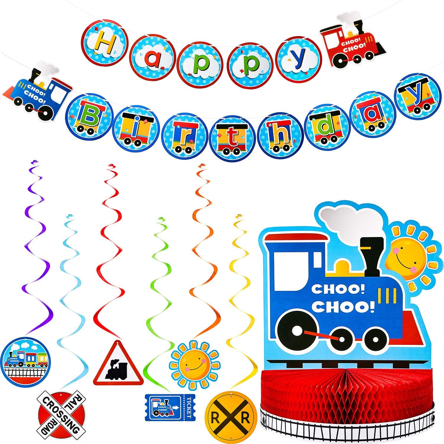 Patelai Train Birthday Party Decorations Set, Honeycomb Centerpiece, Happy Birthday Banner, 6 Hanging Swirls, Multicolor, Cartoon
