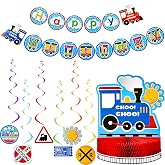 Train Birthday Party Banner Decorations Set, Happy Birthday Banner Railroad Steam Train Honeycomb Centerpiece, 6 Hanging Swirl Decoration for Baby Shower Transportation Vehicle Party Garland Supplies