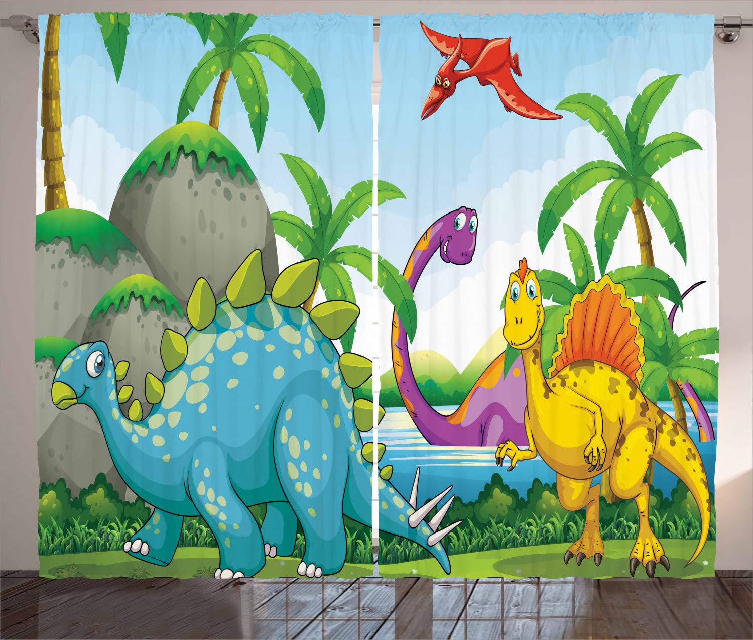 ABAKUHAUS Jurassic Curtains, Dinosaurs Living in the Jungle Illustration Palm Trees Lakeside Stones Fun Artwork, Living Room Bedroom Window Drapes 2 Panel Set, 96 W X 110 L, Purple Aqua — image 1