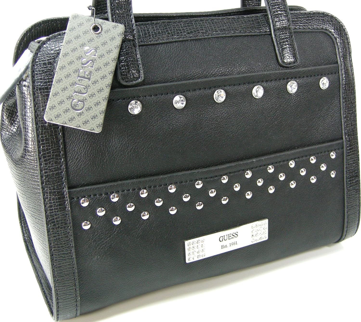 Guess G Logo Purse Satchel Hand Bag Black & Silver Rhinestone Disco