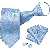 DiBanGu Silk Zipper Ties for Men,Paisley Solid Plaid Pre-tied Tie and Pocket Square Cufflinks Set Formal Adjustable Necktie