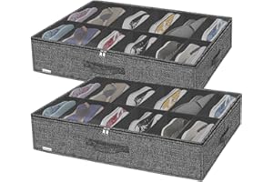 Friday Monkey Sturdy Closet Under Bed Shoe Organizer Set of 2 (Fit 12+12 Pairs), Foldable Underbed Shoe Storage Box Bin with Zippers & Handles, Organizador De Zapatos, Linen-like Black, ZMXAUBSB2P