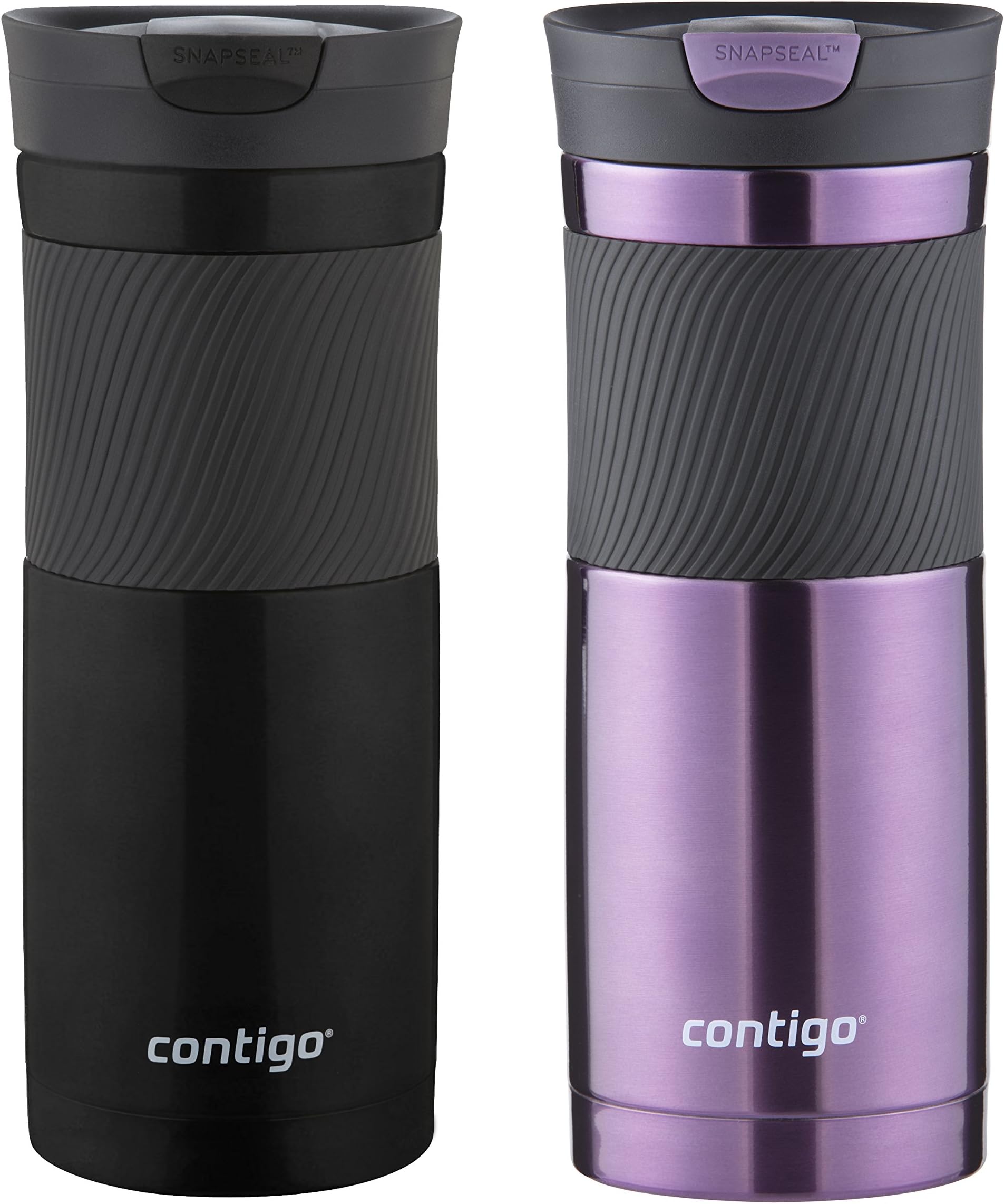 Contigo Snapseal Vacum Insulated Stainless Steel Travel Mug , 20-Ounce, Matte Black/ radiant orchid, 2-Pack