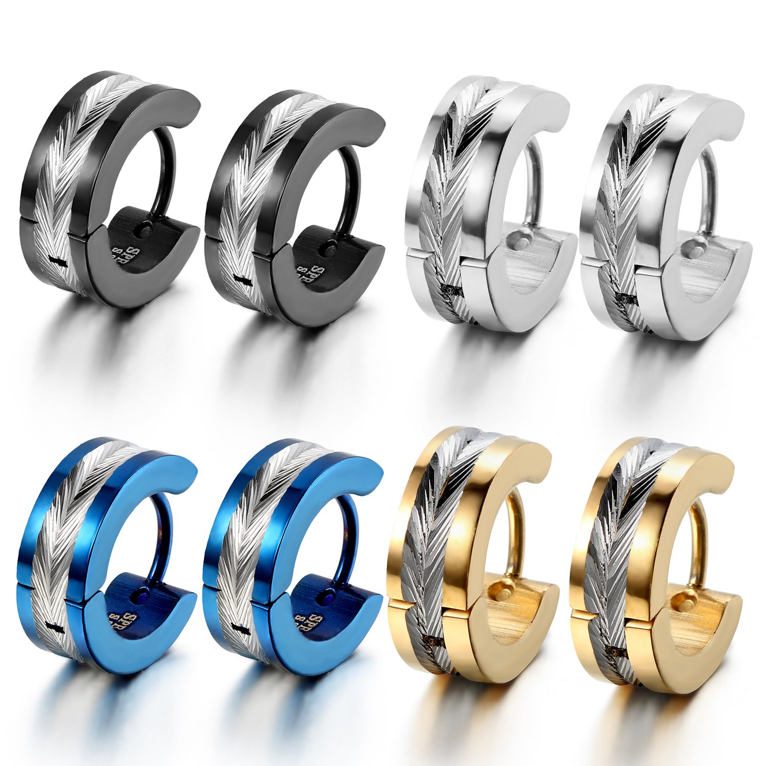 Oidea 8pcs Wholesale Mens Punk High Polished Shiny Stainlss Steel Hingie Hoop Earrings