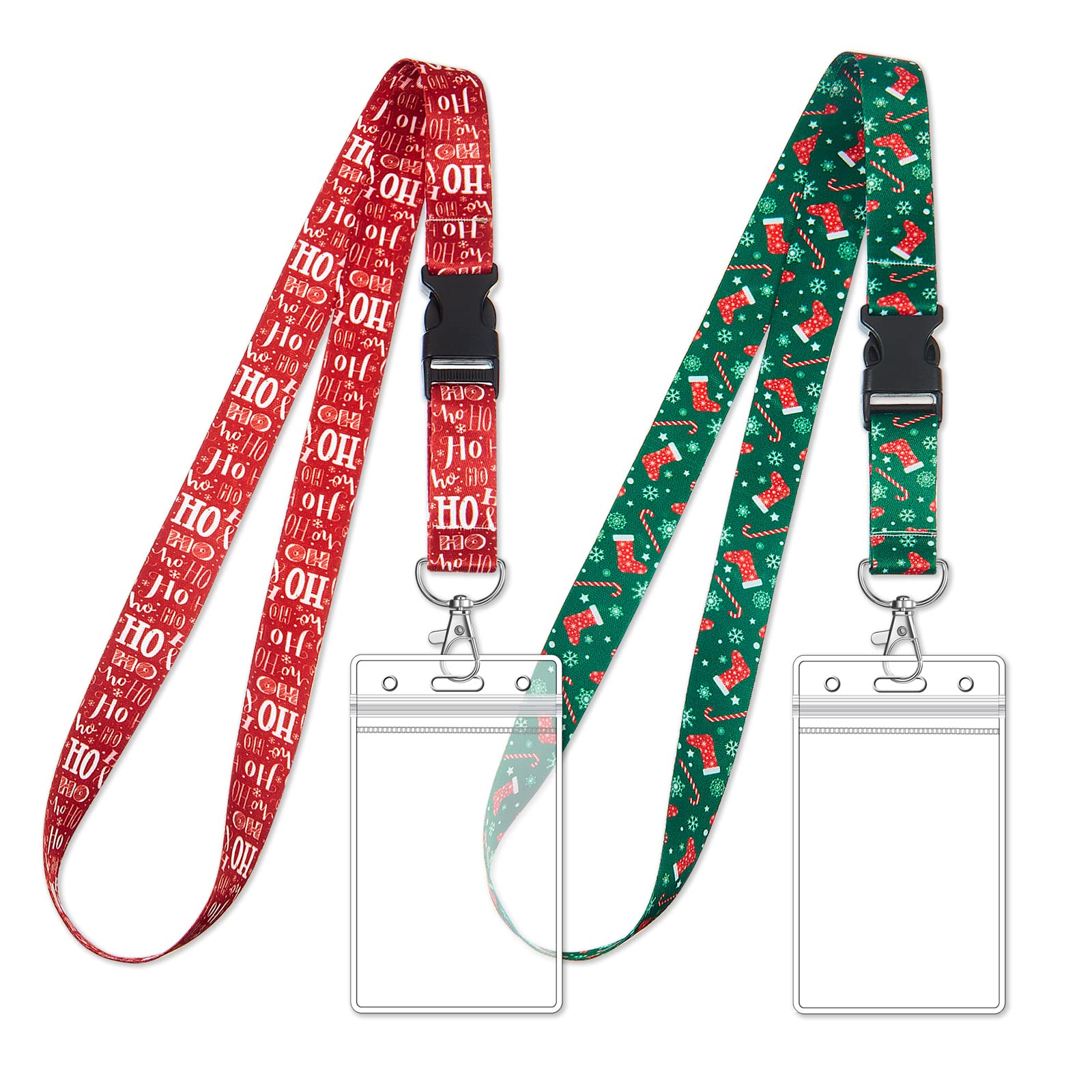2 Set Christmas Novelty Lanyard Key Chain with ID Card Holder Christmas Neck Straps with Waterproof Transparent Badge Holder for Men Women Kids Gifts Office School Supplies (Green Red Stockings)