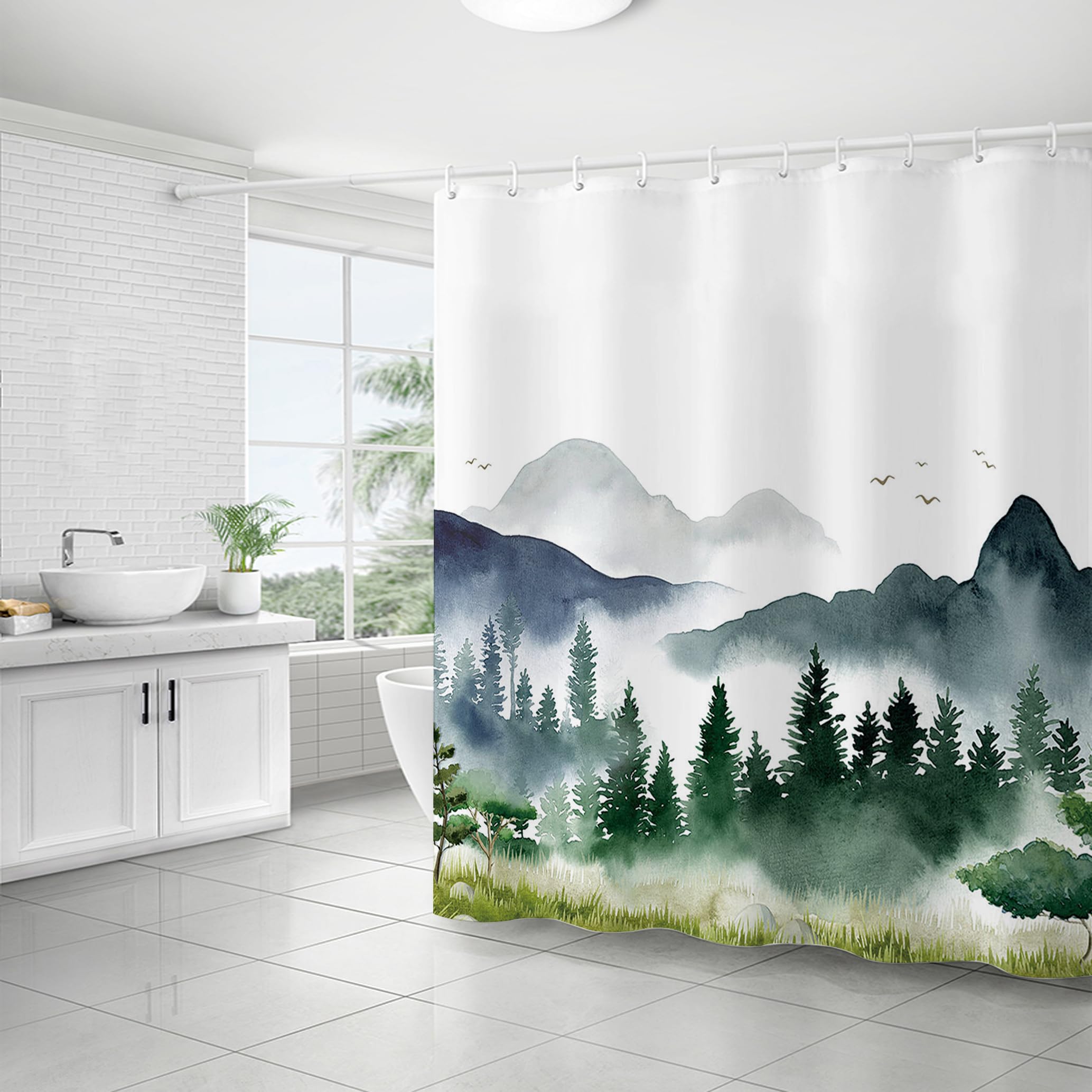 WELTRXE Shower Curtain Mould Proof Mildew Resistant, 183X183cm, Waterproof Polyester Fabric Shower Curtain with 12 Hooks, Weighted Hem, Watercolour Mountain Forest Pattern Bathtub Curtain, Quick Dry