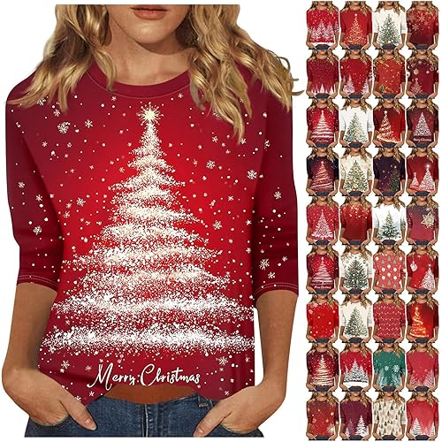 Christmas Jumpers for Women UK Funny Cute Glitter Xmas Tree Graphic Printed Sweatshirts Crew Neck 3/4 Sleeve T Shirt Casual Print Patterns Holiday Jumper 2025 Fall Winter Festival Outfit Womens