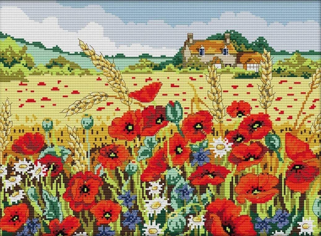 Arione Cross Stitch Kits for Adults Beginners Pre Printed Stamped Cross Stitch Kit Embroidery Tapestry Kit Poppies and Wheat Fields 44 x 33 CM.
