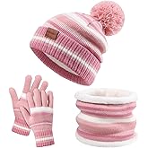 Kids Winter Hat Gloves Scarf Set: Girls Boys Beanie Hats Gloves Knit Set with Thick Warm Fleece Lined For Ages 6-10 Children