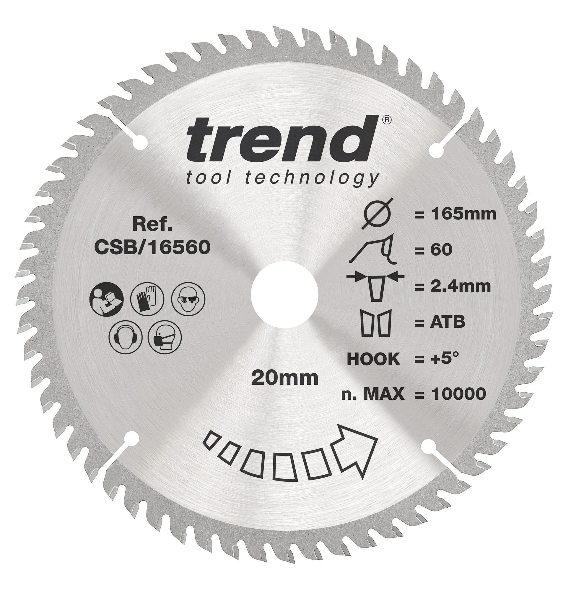 Trend Wood Circular Saw Blade, 165mm Diameter, 20mm Bore, 60 Teeth, 2.4mm Kerf, +5° Hook, TCT, Extra-Fine Finish, CSB/16560