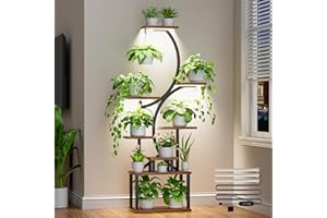 BACEKOLL Plant Stand Indoor with Grow Lights, 8-Tier S-Shaped Metal Plant Shelf, 62" Tall, Black Iron & Wood