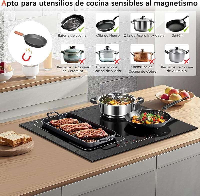 Placa Induccion 4 Fuegos con Zona Flexible, Empotrable 60CM, 7200W
