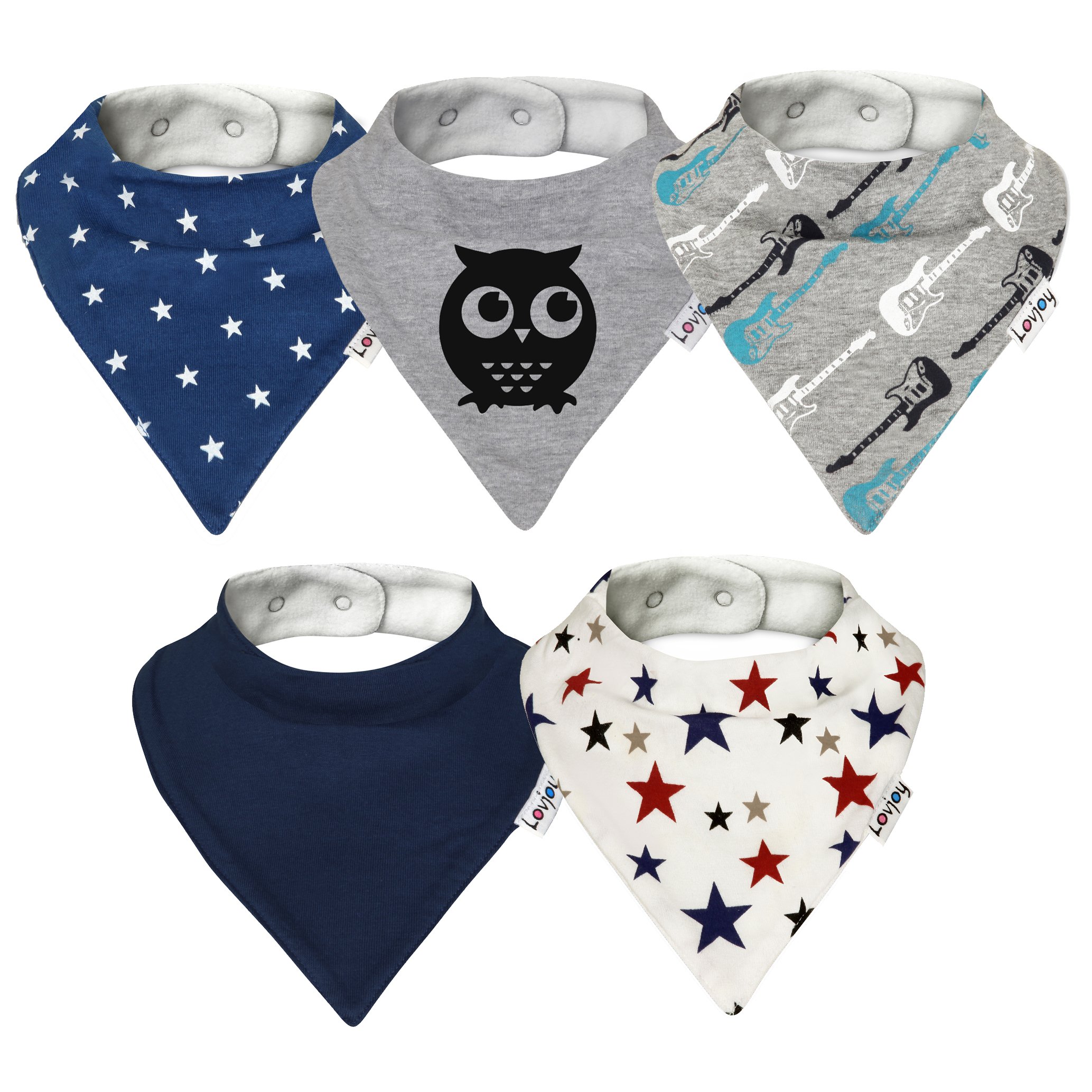 Lovjoy Bandana Dribble Bibs - Super Absorbent & Soft for Teething Babies - Adjustable Snaps - Fits Newborn to 3 years - 5 Pack (Little Star)