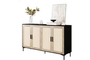 JASIWAY Sideboard - Buffet Cabinet with Storage, Rattan Kitchen Buffet Cabinet Accent Sideboard Cabinets with Doors, Coffee Bar Cabinets Rattan Sideboards for Living Room, Entryway, Black