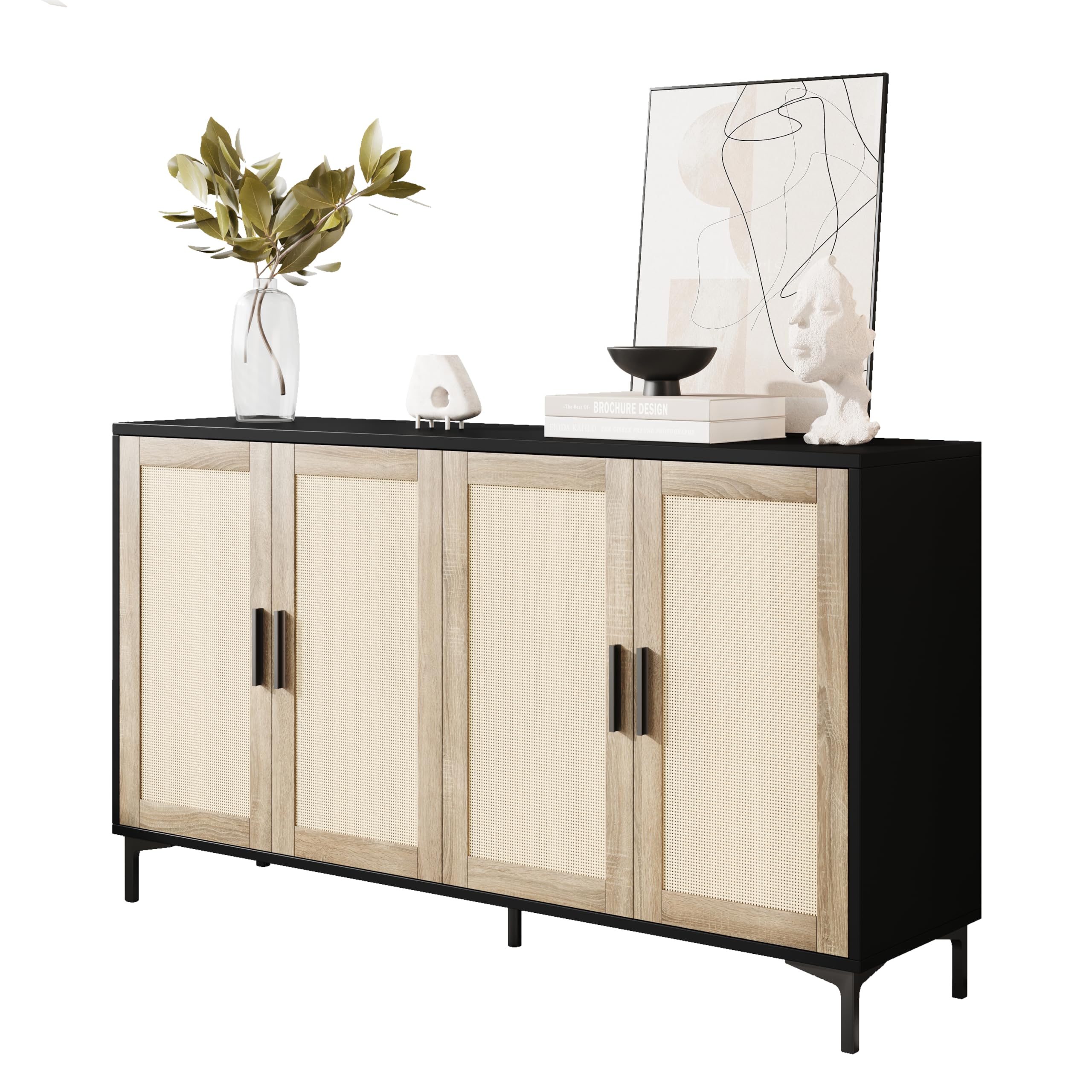 Photo 1 of JASIWAY Sideboard - Buffet Cabinet with Storage, Rattan Kitchen Buffet Cabinet Accent Sideboard Cabinets with Doors, Coffee Bar Cabinets Rattan Sideboards for Living Room, Entryway, Black