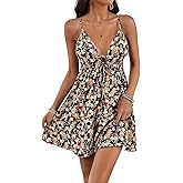 SOLY HUX Women's Floral Print Tie Front Backless Dress Deep V Neck Sleeveless Criss Cross A Line Mini Dresses