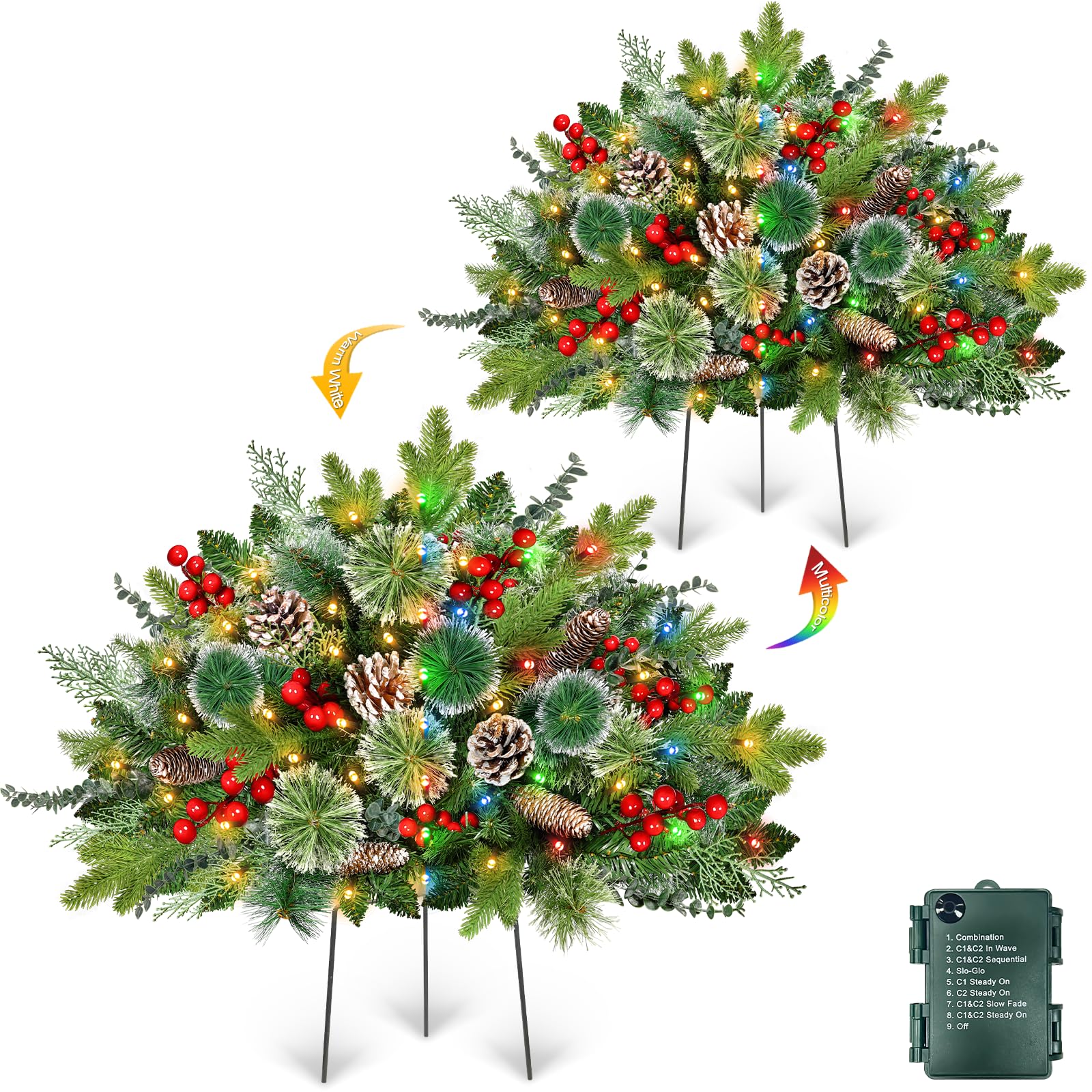 Photo 1 of 2 Pack 24" Lighted Outdoor Christmas Tree Urn Fillers Holiday Planters with Timer 8 Mode Warm & Colorful Light 6 Style Branches Eucalyptus Pinecones Red Berries Tripod Stake Front Porch Indoor Decor