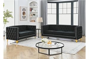 KINFFICT Velvet Living Room Sofa Set of 2, Comfy Loveseat and 3 Seater Couch, Modern Sofa with Tufted Back and Rivet Decoration, Upholstered Long Couch with Solid Golden Metal Tapered Legs, Black