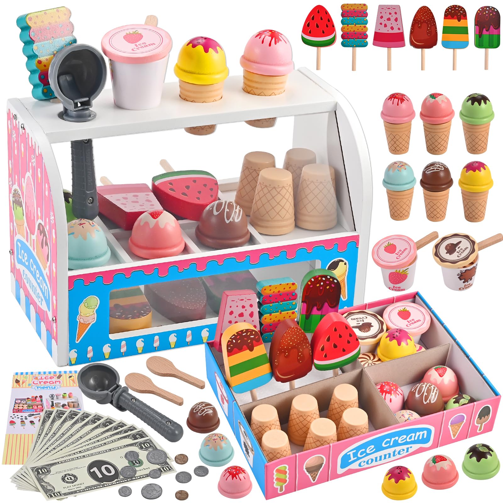 Wooderma Ice Cream Toy for Kids 48 Pcs, Wooden Toys for 2 3 4 5 6 Year Old Girls Gifts, Wooden Play Food Sets for Children Kitchen Accessories, Role Play Toys, Gift for 2 3 4 5 6 Year Old Girl Boy