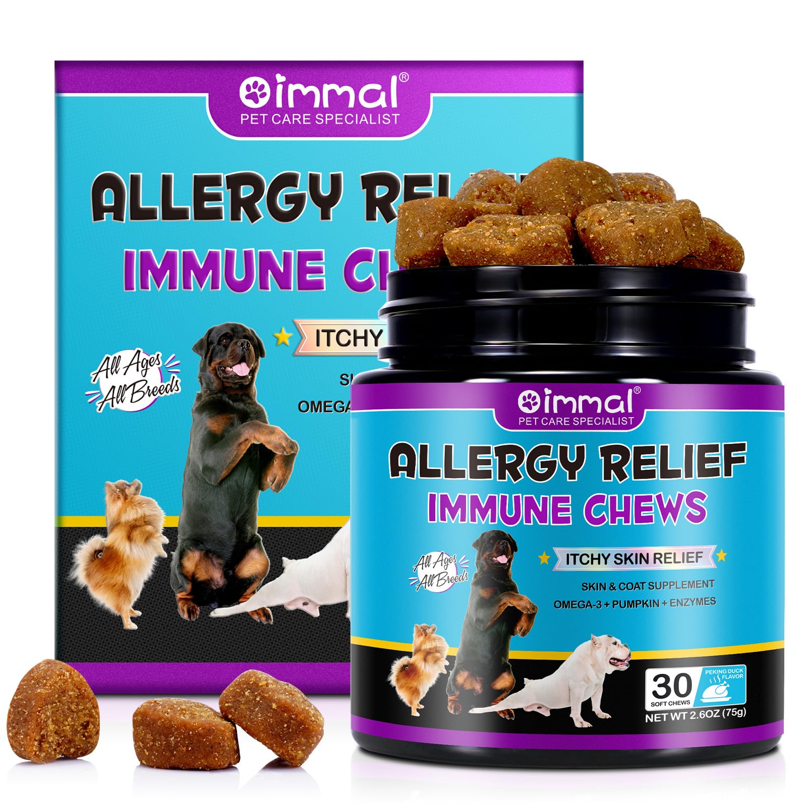 Dog Allergy Relief Treats, Itchy Dog Skin Relief for Dog, Soothes Seasonal Itchy Skin, Paws, Eyes, Ears, Stops Itching, Licking, Scratching, for All Breeds and Sizes - Peking Duck Flavor (30 Chews)
