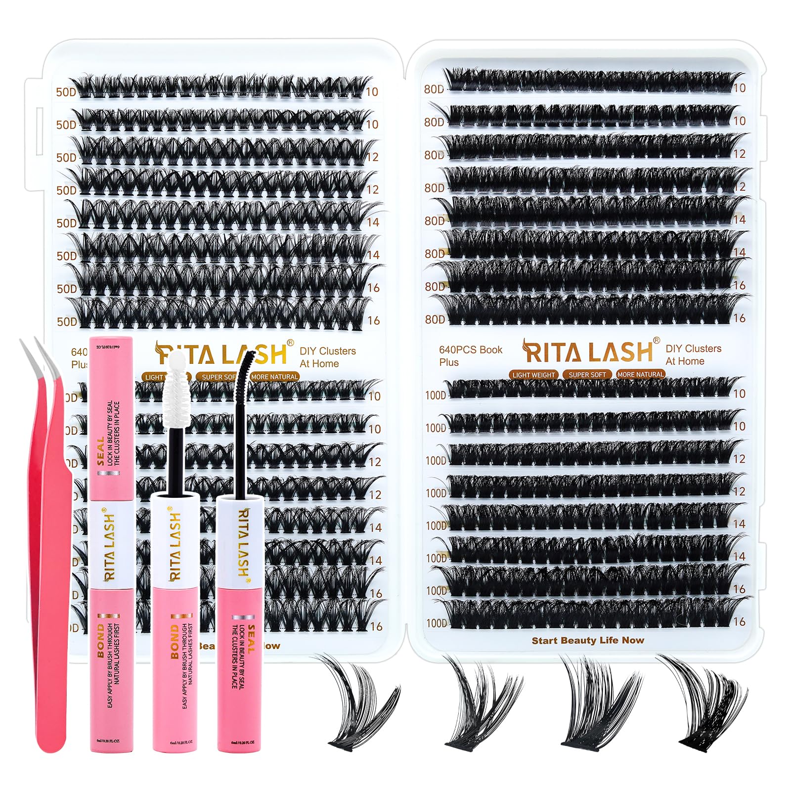 RITALASH Lash Extension Kit DIY 640pcs Lash Clusters Eyelash Extension, 10-16mm Individual Lashes with Lash Bond and Seal, Tweezers for Self Use (50D+60D+80D+100D KIT) — image 1