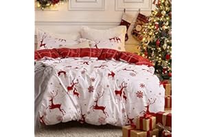 CAROMIO Christmas Duvet Cover Queen, Reversible Printed Comforter Cover Set Christmas Holiday Decorative Bedding, Soft Microfiber Red Duvet + 2 Pillow Shams (Reindeer and Snowflake, Queen)