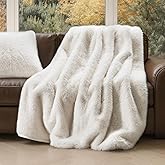 EVERGRACEHOME Luxury Faux Fur Throw Blanket, Soft Fluffy Faux Mink Blankets for Bed, Couch, Sofa, Thick Cozy Plush Warm Fur Throws with Reversible Velvet, Ivory Mink, 60"x80"