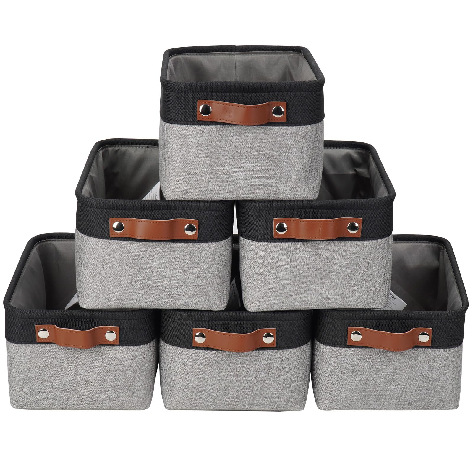 Photo 1 of Bagnizer Small Storage Basksts with PU Handle - 12*8*6 inch Decorative Fabric Storage Bins, Foldable Linen Closet Cubes, Organizer Container for Home, Shelves, Nursery, Dorm, Gift (Gray&Black)