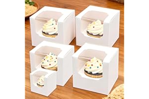 Erdisc 25 PCS Cupcake Boxes with Window and Inserts, 3.5"x3.5"x3.5" White Individual Cupcake Boxes, Small Bakery Boxes for Mu