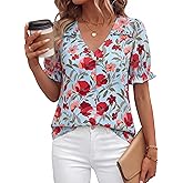 PRETTYGARDEN Womens Boho Tops Summer 2026 V Neck Puff Sleeve Casual Button Down Ruffle Floral Blouses Shirts Work Clothes